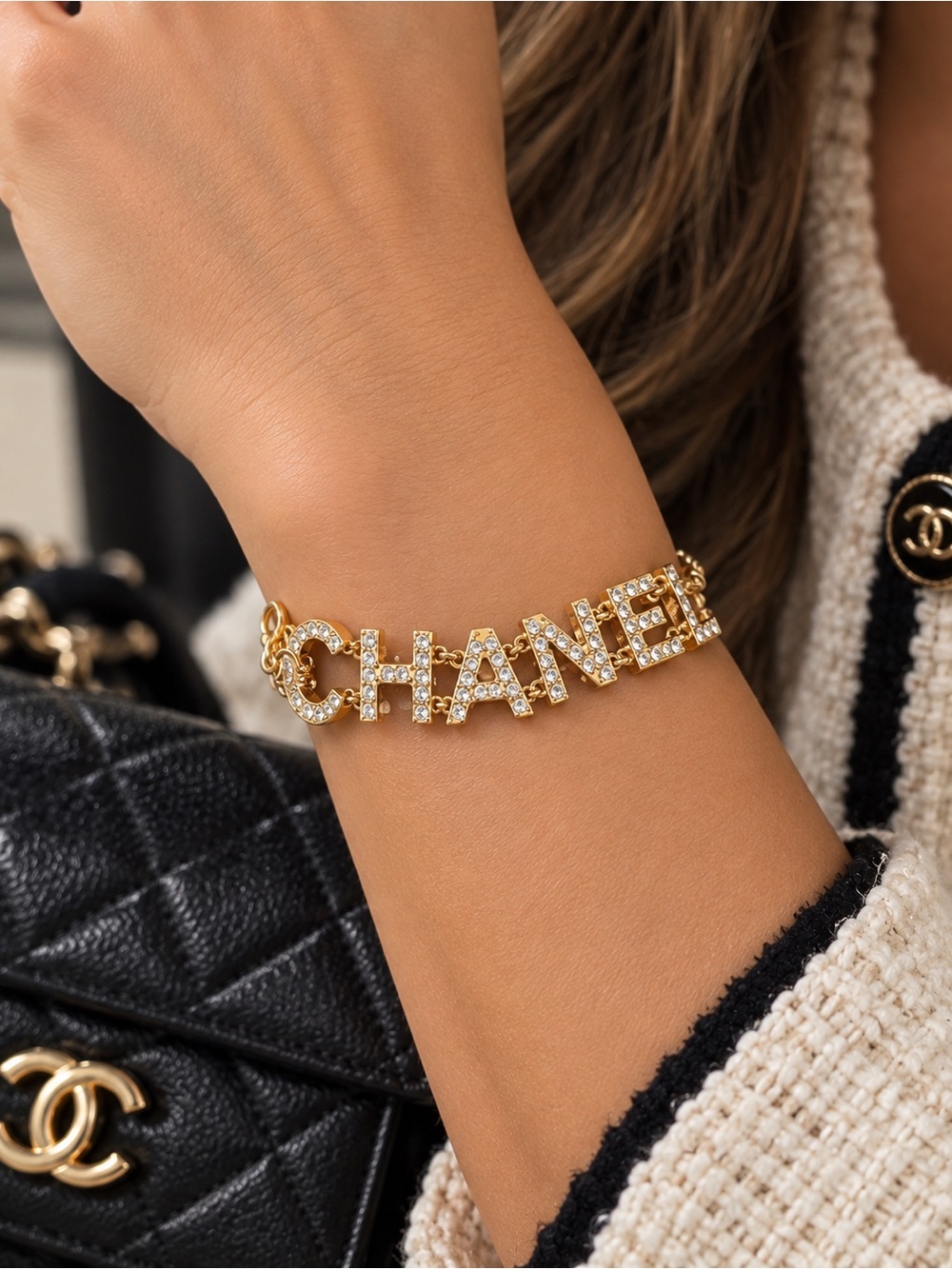CHANEL Gold Crystal Logo Letter Bracelet